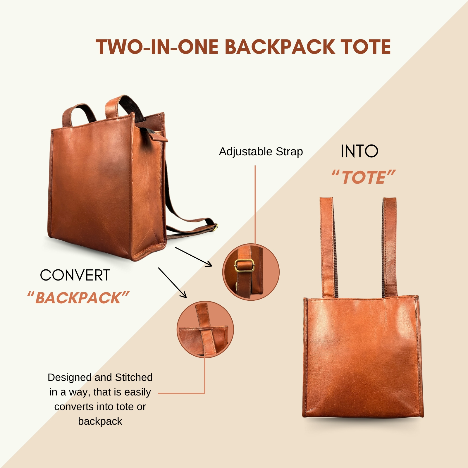 Madosh Genuine Leather 2-in-1 Brown Medium Backpack tote handbag easily convertible dual design purse